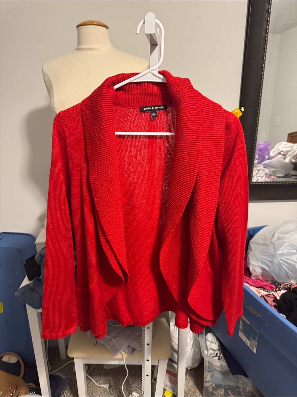 Cable & Gauge Red Draped Open-Front Cardigan